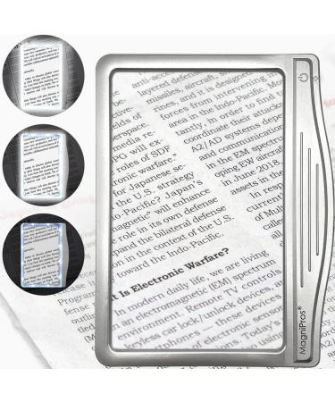 MagniPros 3X Large Ultra Bright LED Page Magnifier with 12 Anti-Glare Dimmable LEDs(Evenly Lit Viewing Area & Relieve Eye Strain)-Ideal for Reading Small Prints & Low Vision Seniors with Aging Eyes Silver