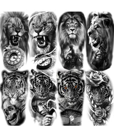8 Sheets Yezunir 3D Black Tribal Realistic Tiger Gladiator Temporary Tattoos For Men Fake Forearm Transfer Tattoo Stickers Pirate Compass Clock Lion Sexy Skull Fake Tatoos Women Warrior Tatto kits