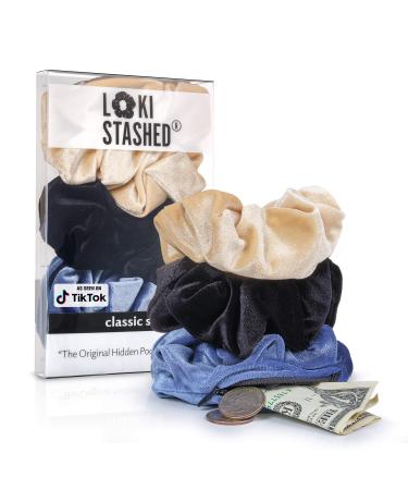 LokiStashed 3-PACK Velvet Hair Tie Scrunchies for VSCO Girls & Women THE ORIGINAL HIDDEN POCKET SCRUNCHIE with Zipper Pocket Storage Accessories Small Items Keys Money - Navy Tan Black Color - Buy Online on GoSupps.com