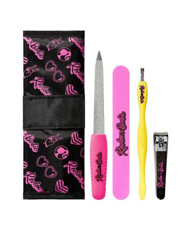 Revlon x Barbie Manicure Essentials Kit 4 Piece Stainless Steel Beauty Set Includes Nail Buffer Emeryl File Cuticle Pusher Nail Clipper & Travel Case ( color may vary)