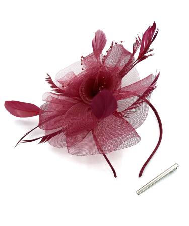 Ladies Feather Fasciantor Clip/Aliceband Hair Piece Weddings Races Royal Ascot (Burgundy)