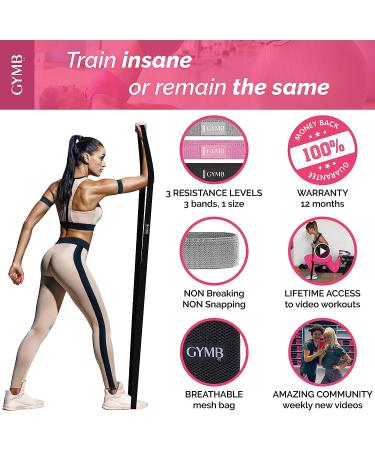 GYMB Long Resistance Band Set - Non Slip Cloth Exercise Bands for Glutes, Thighs & Legs - Booty Band Training - 3 Levels (Pink/Gray/Black) - Buy Online on GoSupps.com