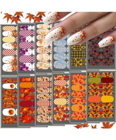 Gorvalin 12 Sheets Maple Leaf Fall Nail Wraps Stickers, Self-Adhesive Fall Nail Art Stickers Decals Thanksgiving Nail Strips Polish Stickers for Women Girls Nail Design DIY Decoration