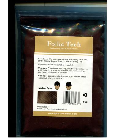 Follic Tech Hair Building Fibers Medium Brown 50 Grams Highest Grade Refill That You Can Use for Your Bottles.