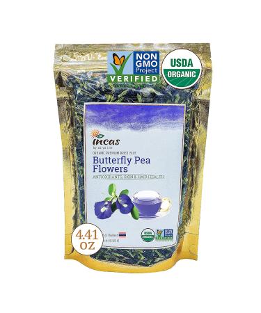 Incas 100% USDA Organic Butterfly Pea Flower 4.41 oz (375+ Cups) Fresh Harvest From Thailand Non GMO Verified Dried Butterfly Pea Flowers Caffeine Free Gluten Free Vegan Rich in Antioxidants Free eBook 4.41 Ounce (Pack of 1)