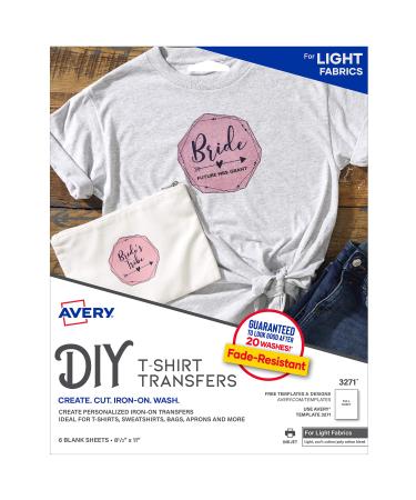 Avery Printable Heat Transfer Paper for Light Fabrics  8.5 x 11  Inkjet Printer  6 Iron On Transfers (3271) 8.5x11 6 sheets