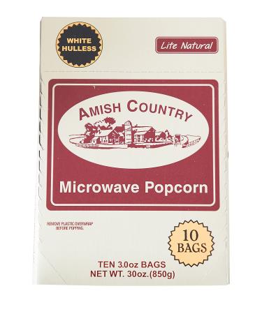 Amish Country Popcorn | Old Fashioned Microwave Popcorn | 10 Bags Lite Natural White Hulless | Non-GMO, Gluten Free, Microwaveable and Kosher (10 Bags) Lite Natural White Hulless 3 Ounce (Pack of 10)