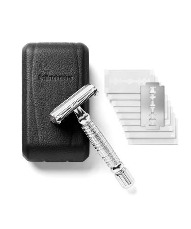 St rtebekker Premium Razor Hobel in Handmade Leather Etui |Razor set with 10 razor blades travel and built-in mirror |Wet razor in a vintage look with 2-page blade head silver-black - Buy Online on GoSupps.com
