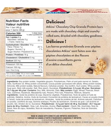 Atkins Protein Bars - Chocolaty Chip Granola Low Sugar Keto Friendly High Protein High Fibre 1g Sugar 3g Carbs 5ct - Buy Online on GoSupps.com
