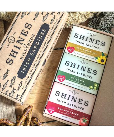 Pack of Shines Irish Tinned Sardines - 3 Flavours Tomato Sauce Olive Oil and Sunflower Oil - Pilchards - Low Carb and High Protein - Canned Fish High in Omega 3 - 3x 106g Cans - Buy Online on GoSupps.com