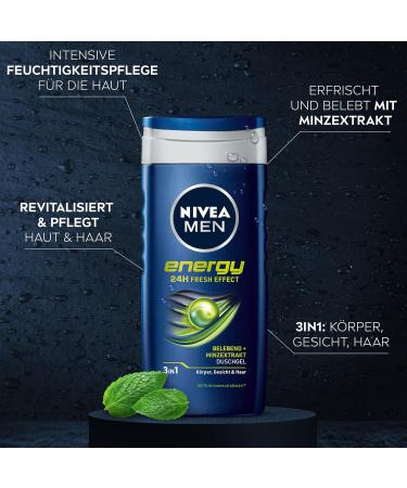 Nivea Men Energy Shower Gel 250ml pH-Skin-Friendly Care Vitalizing Fragrance 24h Fresh Effect | Mint Extract for Body Face & Hair - Buy Online on GoSupps.com