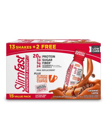 SlimFast Advanced Energy High Protein Meal Replacement Shake, Caramel Latte, 20g of Ready to Drink Protein with Caffeine, 11 Fl. Oz Bottle, 15 Count Caramel Latte 15 Count (Pack of 1)