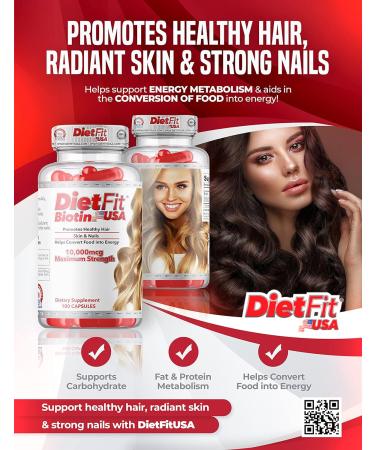 DietFit Biotin 10,000mcg Maximum Strength - Promotes Healthy Hair, Skin, and Nails - Supports Energy Metabolism - 100 Capsules - Buy Online on GoSupps.com