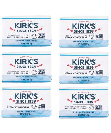 Castile Bar Soap by Kirks | Clean Soap for Men, Women & Children| Premium Coconut Oil | Sensitive Skin Formula, Vegan | Original Fresh Scent | 4 oz. Bars - 6 Pack Original Fresh Scent 4 Ounce (Pack of 6)