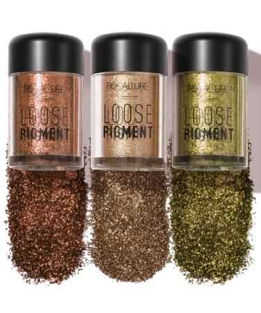 FOCALLURE 3 Pcs Mineral Eyeshadow Pigment Waterproof Loose Glitter Eyeshadow Long Lasting Sparkling Finish Eye Shadow with High-pigment Formula Easy to Create High-impact Eye Looks Gilded Coral