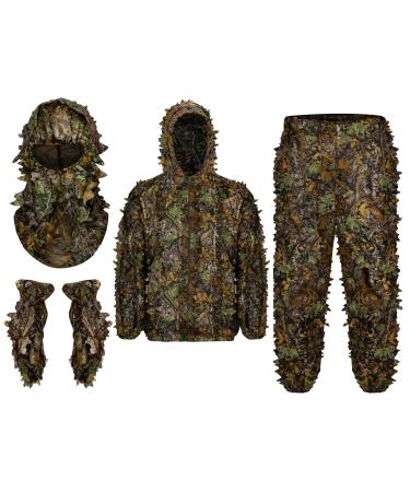 Ghillie Suit Full Face Mask Gloves Set, Ginsco 3D Leafy Camo Suit, Ghillie Suit for Men, Gilly Suet, Camoflage Woodland Pants Jacket Hood for Outdoor Hunting Airsoft Sniper Costume Wildlife Photography Military Game Halloween X-Large/XX-Large