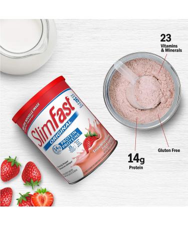 SlimFast Original Meal Replacement or Weight Loss Shake Mix Powder - 530g - Strawberry Supreme Flavour & 1 Box of Slimfast Bake Shop Meal Replacement Bars with 15g of Protein & 5g Fiber - Buy Online on GoSupps.com