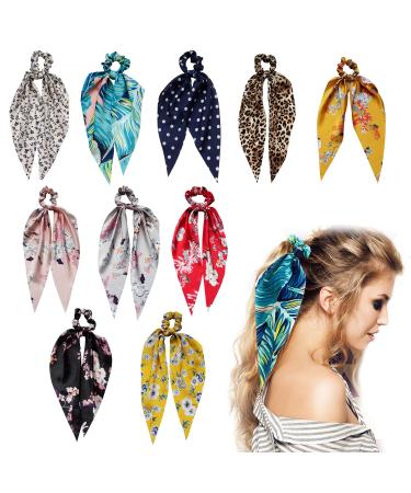 Satin and Chiffon Detachable Hair Scarf Scrunchies 10 Pcs AMAZING UNIVERSE super soft Ribbon Bowknot Scarf Scrunchies ponytail with multi colors includes 5 Satin and 5 Chiffon Bandana for women girls Floral  leaf  Leopar...