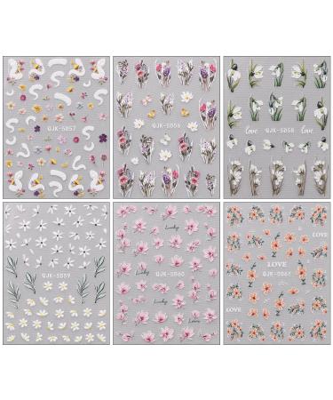 JMEOWIO 6 Sheets 3D Flower Nail Art Stickers | Self-Adhesive Colorful Floral Decals for Summer Nail Design - Buy Online on GoSupps.com