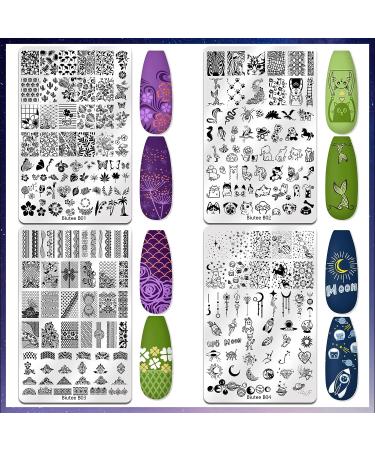 Biutee 4PCS Nail Stamping Plate Set with Stamper and Scraper - Starry Sky, Moon, Animal, Flower Patterns - Buy Online on GoSupps.com