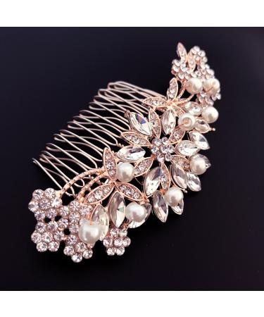 Ammei Headpiece Rose Gold Wedding Hair Comb With Pearls and Crystals Wedding Hair Accessories Bridal Headpiece Or For Parties (Rose God)
