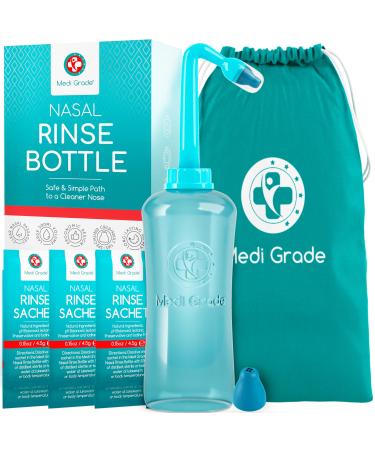Medi Grade Nasal Irrigation Kit with 500ml Nasal Rinse Bottle and 30x (4.5g) Premixed Saline Nasal Rinse Salt Sachets - Deluxe Free-Flow Bottle Nose Cleaner for Improved Breathing and Nasal Hygiene