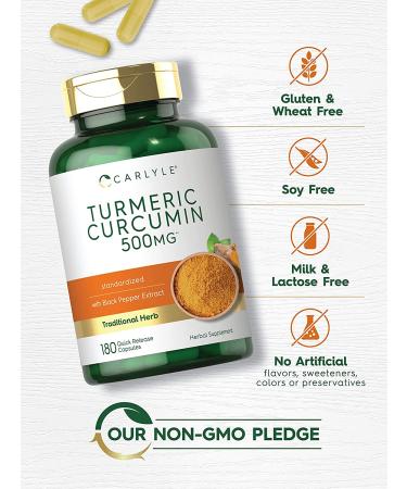 Turmeric Curcumin 500mg 180 Powder Capsules | Joint Support Complex with Bioperine | Non-GMO Gluten Free Supplement by Carlyle - Buy Online on GoSupps.com
