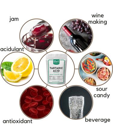 Tartaric acid (120g) by Elo s Premium |100% All-Natural Food Grade Food Additive & Antioxidant| Packed In Canada| Non-GMO Kosher and Halal Friendly Gluten Free| Used As An Acidulant In Grape/Lime Drinks Gelatin Desserts Jams Sour Candy and More - Buy Online on GoSupps.com