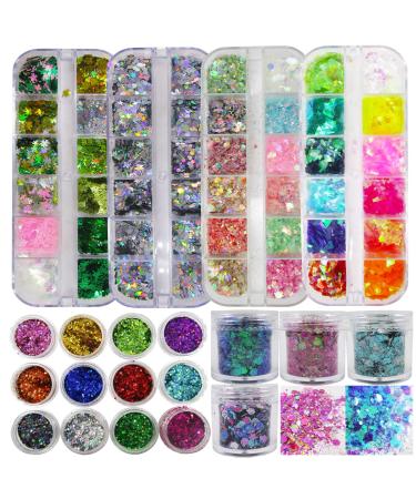 LoveOurHome Holographic Chunky Glitter Sequins Set Iridescent Hexagon Stars Butterfly Shapes Glitter Mylar Flakes Fine Glitter Powder Supplies for Nail Art Crafts Resin Molds Makeup