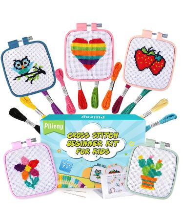 Pllieay 5PCS Cross Stitch Kits for Beginners for Kids 7-13  Includes 5 Project Patterned and 5pcs Square Embroidery Hoops  11 Skeins  Needle Point Starter Kit Sewing Set with Instructions Square-shaped
