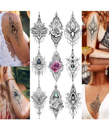 32 Sheets Sexy Black Lotus Temporary Tattoos for Women - Indian Tribal Lace Tatoo Sticker Set with Mandala Flower, Butterfly, Rose, Dreamcatcher, Elephant - Henna Tattoo Kit for Adults - Buy Online on GoSupps.com