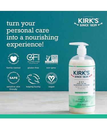 Kirk's 3-in-1 Castile Liquid Soap Mint & Eucalyptus | Head-to-Toe Clean Shampoo, Face Wash & Body Wash | 32 Fl Oz | Men, Women & Children - Buy Online on GoSupps.com