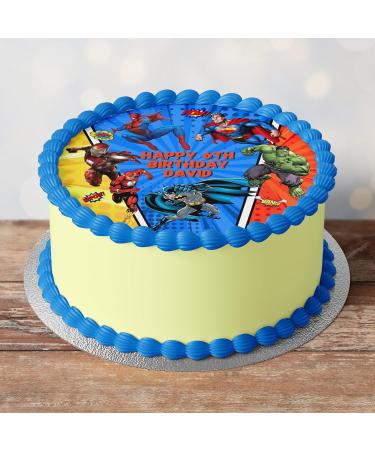 Superhero Themed Personalised PRECUT Cake Topper 8 Inch Round Edible Icing Sheet Birthday Cake Decoration - Buy Online on GoSupps.com