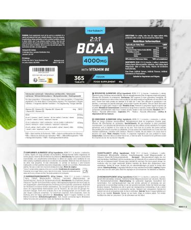 BCAA 2.1.1 4000mg | 365 Vegan Tablets (3 Months) | 2:1:1 Branched Chain Amino Acids L-Leucine L-Isoleucine L-Valine and Vitamin B6 | Pre Post Workout Dietary Supplement | by Horbaach - Buy Online on GoSupps.com