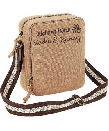 Spoilt Rotten Pets Sand Stone Beige 'Walking With' Your Dog's Name or Names Vintage Retro Style Dog Walking Bag. Personalised With Your Dogs Name or Two/Three Dogs. Great For Dog Walking & Hiking.
