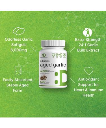 DEAL SUPPLEMENT Odorless Aged Garlic Pills 6 000mg Per Serving 500 Softgels 24:1 Garlic Oil Extract Fresh Allium Sativum Bulb Source Heart & Immune Antioxidant Supplements Non-GMO - Buy Online on GoSupps.com