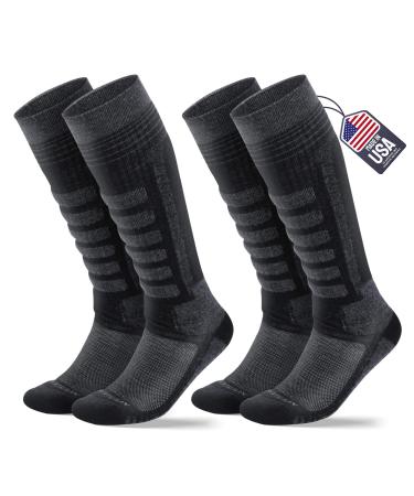 SAMSOX 2-Pair Merino Wool Ski Socks, Made in USA Over-the-Calf Skiing and Snowboarding Socks for Men & Women Small-Medium Gray/Black