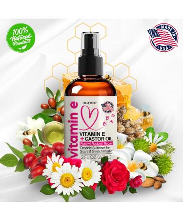 Organic Vitamin E Oil for Scars Stretch Marks Wrinkles & Cellulite - Natural Hydrating Skincare with Castor Rosehip & Jojoba - Face & Body Treatment - Buy Online on GoSupps.com