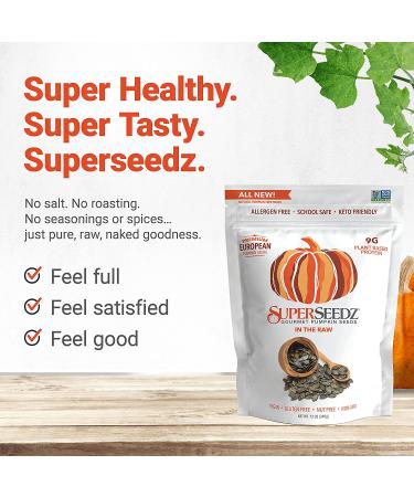 Superseedz Raw Pumpkin Seeds (Pepitas) No Shell 12 oz - Whole 30, Paleo, Vegan & Keto Friendly - 9g Plant Based Protein - Made In USA - Nut Free - Gluten Free Snack - Buy Online on GoSupps.com