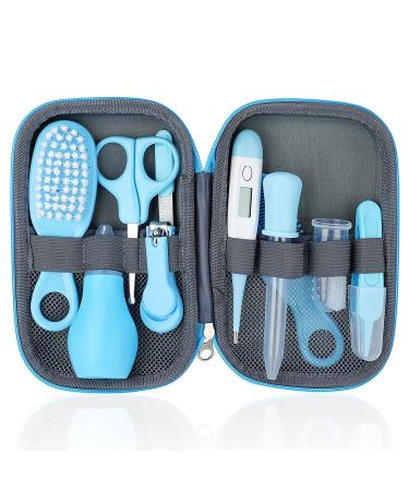 Baby Grooming Kit 10 Pcs Newborn Healthcare Accessories Portable Baby Essentials Set with Hair Brush Comb Nail Clipper Thermometer for Nursery Infant Girls Boys Blue