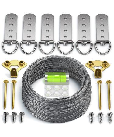 Heavy Duty Picture Wire Hanging Kit - D-Ring, Screws, Hanging Hooks,Level. Supports up to 110 lbs 50+ Feet (15.25M) Stainless Steel Wire Hanger