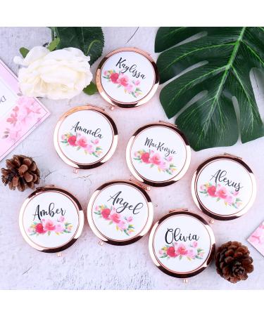 wadbeev Set of 5-10  Personalized Floral Compact Mirrors Your Name Title Travel Pocket Junior Bridesmaid Proposal Gifts Bachelorette Party