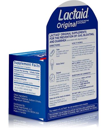 Lactaid Original Strength 120 ct Lactose Intolerance Relief Caplets with Natural Lactase Enzyme - Pack of 1 - Buy Online on GoSupps.com