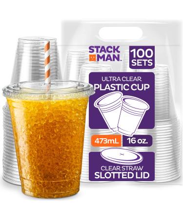100 Sets - 16 oz. Clear Plastic Cups with Straw Slot Lid, PET Crystal Clear Disposable 16oz Plastic Cups with lids