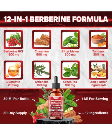 Tenmido 12in1 Berberine Supplement - Berberine Liquid Drops with Ceylon Cinnamon Bitter Melon Turmeric Quercetin Artichoke Apple Cider Vinegar Green Tea & More - 30 Days Supply - 1FL Oz - Buy Online on GoSupps.com