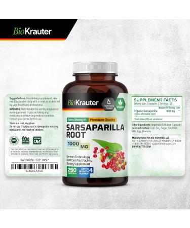 BIO KRAUTER Sarsaparilla Root Capsules - 1000 mg Strength - 250 Vegan Sarsaparilla Extract Caps - No Fillers - Buy Online on GoSupps.com