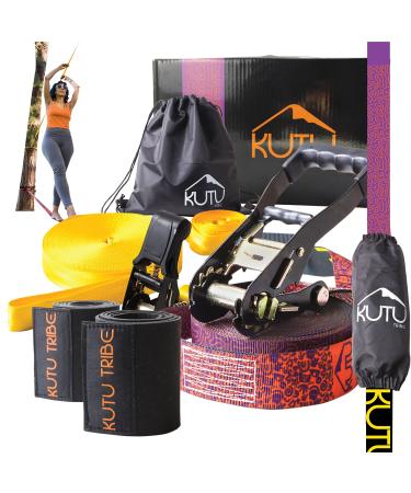 Kutu Tribe Slackline - 60 ft Slackline Kit with Tree Protectors Arm Trainer Ratchet Cover and Carry Bag Tight Rope Slack Lines for Backyard for Kids and Adults Beginner Slackline with Training line Slackline Kit Training Line