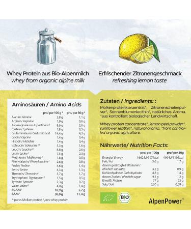 Alpine Power Organic Whey Protein - 500g Lemon Flavor | 100% Natural & Additive-Free | Premium CFM Protein from Organic Alpine Milk - Buy Online on GoSupps.com