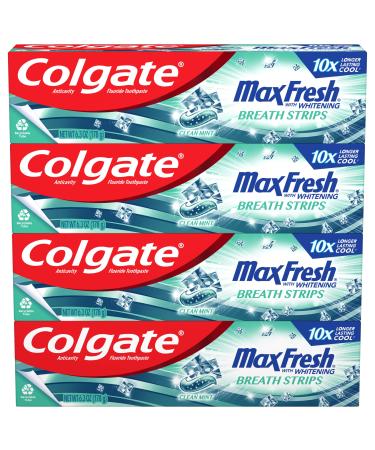 Colgate Max Fresh Toothpaste, Whitening Toothpaste with Mini Breath Strips, Clean Mint Toothpaste for Bad Breath, Helps Fight Cavities, Whitens Teeth, and Freshens Breath, 4 Pack, 6.3 Oz Tubes Max Fresh 6.3 Ounce (Pack of 4)