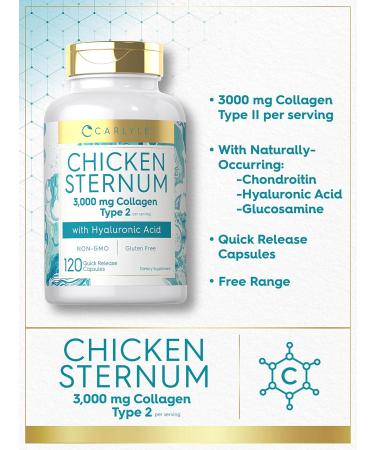 Carlyle Chicken Sternum Cartilage Collagen Capsules | Type II 3000mg | 120 Pills | with Hyaluronic Acid | Non-GMO Gluten Free - Buy Online on GoSupps.com